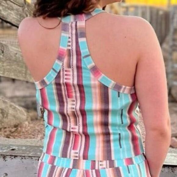 Western Serape Striped Print Razor Back Rodeo Ready Boho Sleeveless Top - Picture 3 of 7